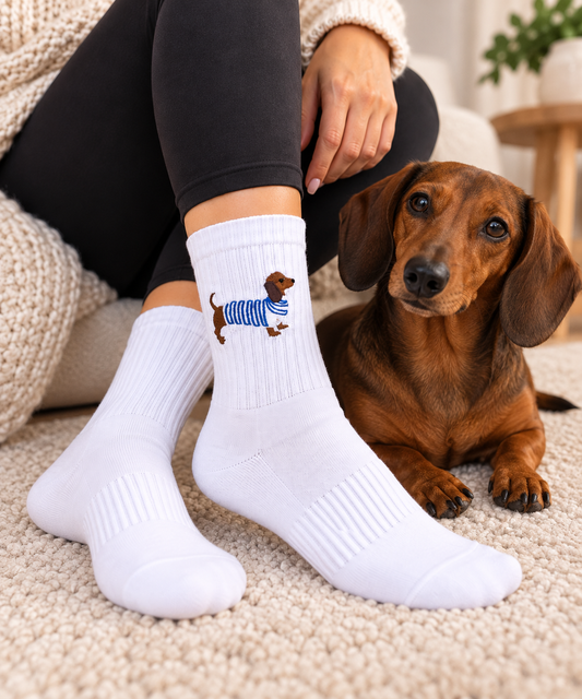 Dackel Blau Socken in Weiß, getragen neben einem echten Dackel
