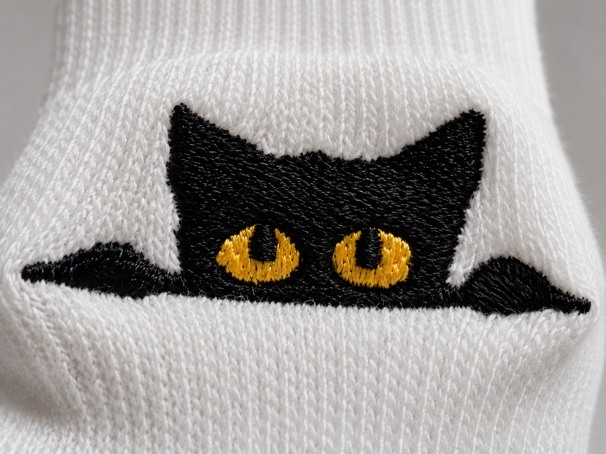 Katze Socken bestickt – Bio-Baumwolle, gepolsterte Sohle