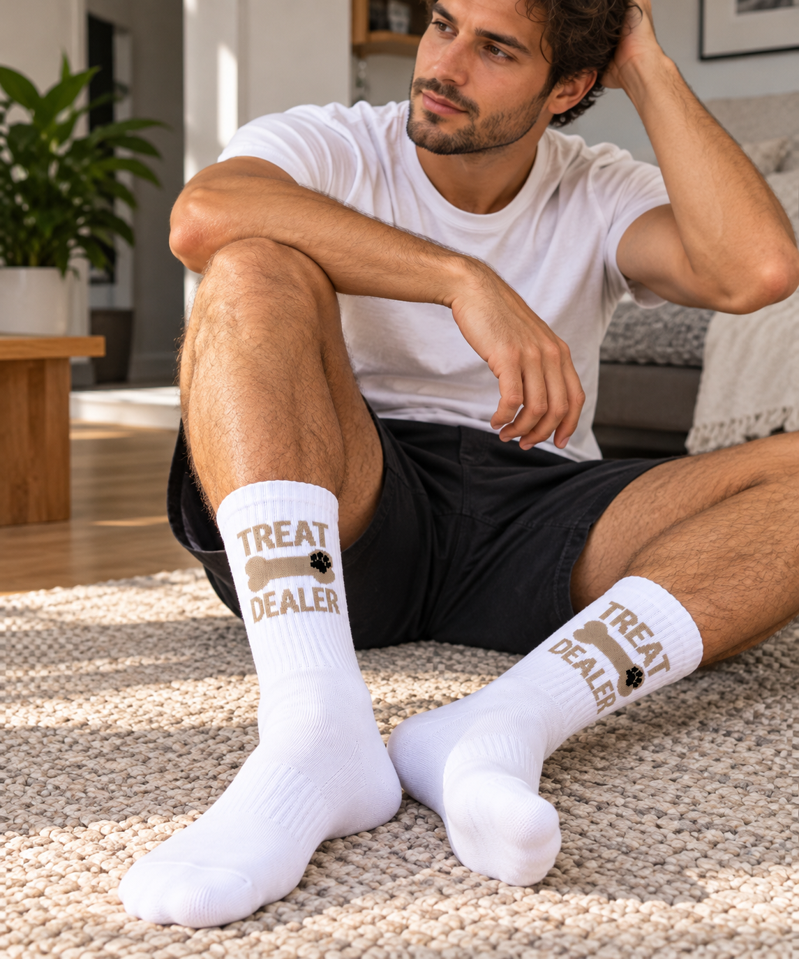 Treat Dealer Socken in Weiß, getragen von einem sitzenden Mann