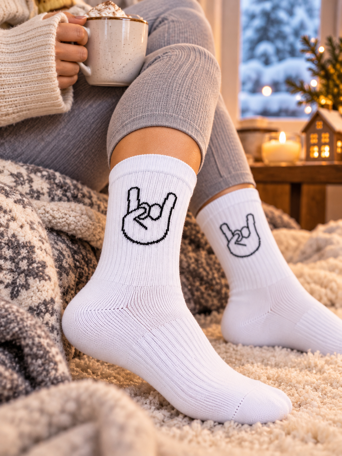 Fingers Socken in Weiß, getragen auf dem Sofa mit Strickdecke