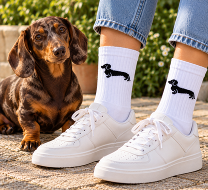 Dackel Socken in Weiß, getragen zu weißen Sneakern neben einem echten Dackel