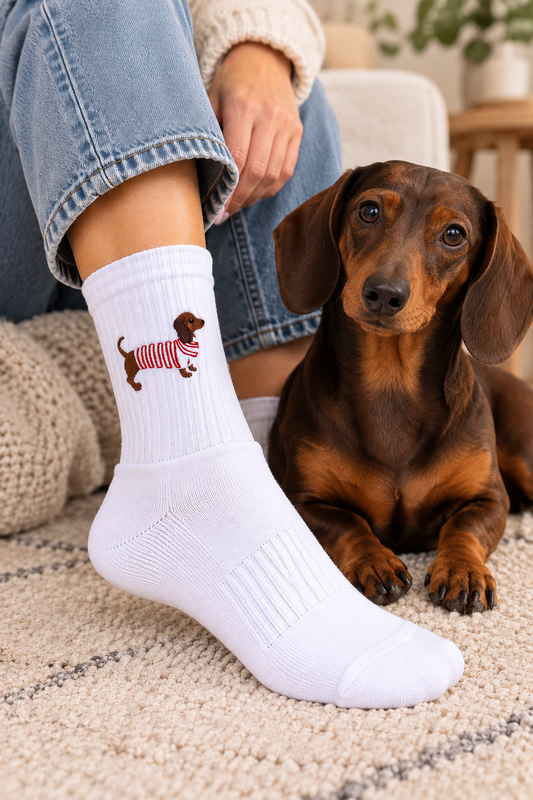 Dackel Pink Socken bestickt – Bio-Baumwolle, gepolsterte Sohle-samtweiche Naht