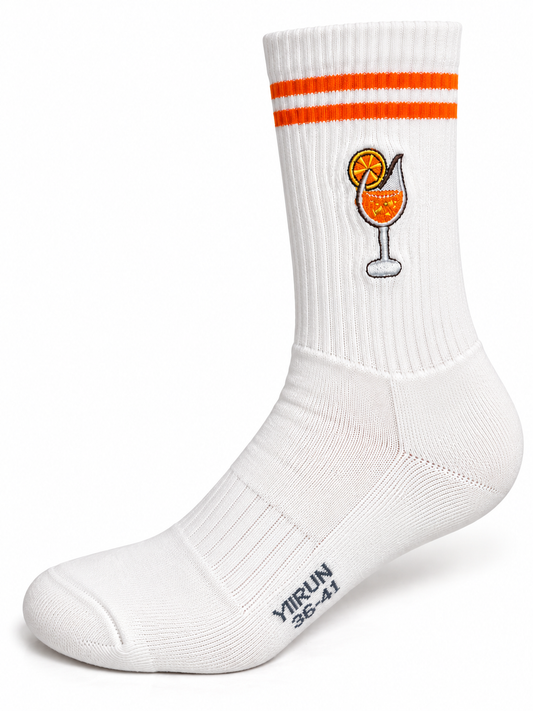 Drink Socken in Weiß mit orangen Streifen und Cocktail-Stickerei, einzelne Socke