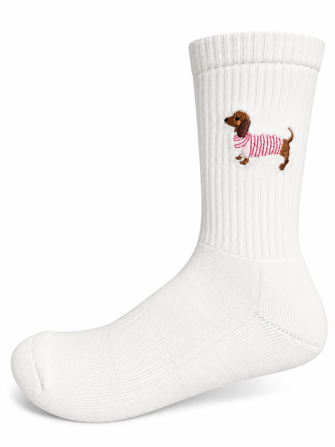 Dackel Pink Socken in Weiß mit Dackel-Stickerei, einzelne Socke seitlich