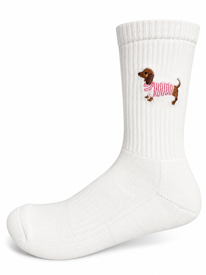 Dackel Pink Socken in Weiß mit Dackel-Stickerei, einzelne Socke seitlich