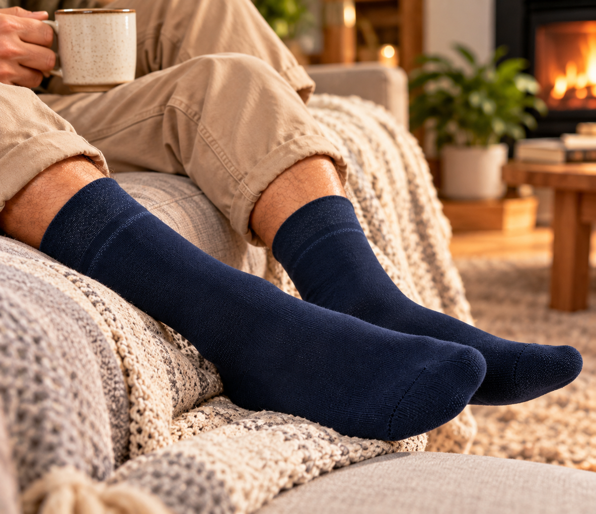 Velvety Basic Socken in Marineblau, getragen auf dem Sofa