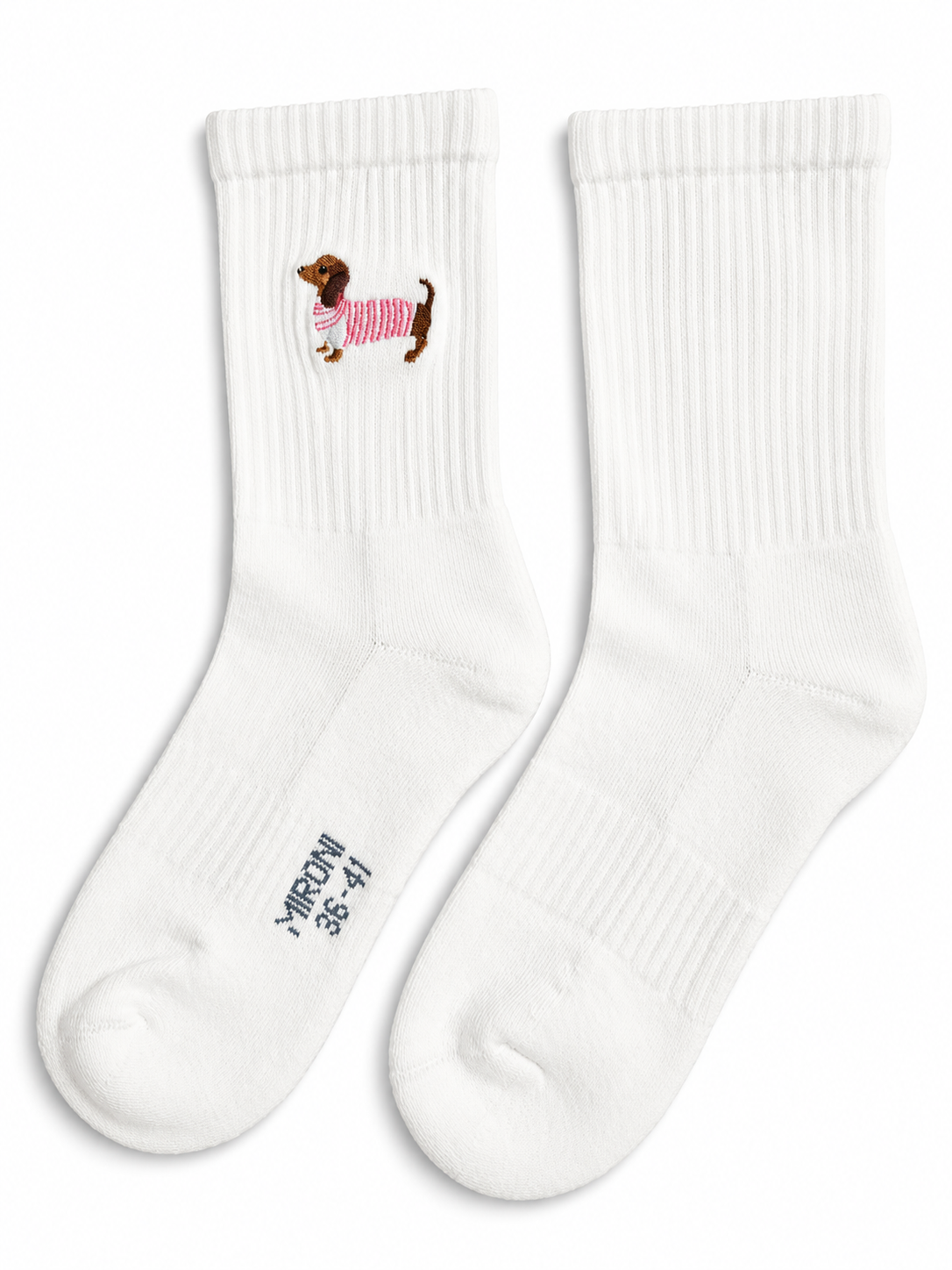 Dackel Pink Socken in Weiß, Paar nebeneinander