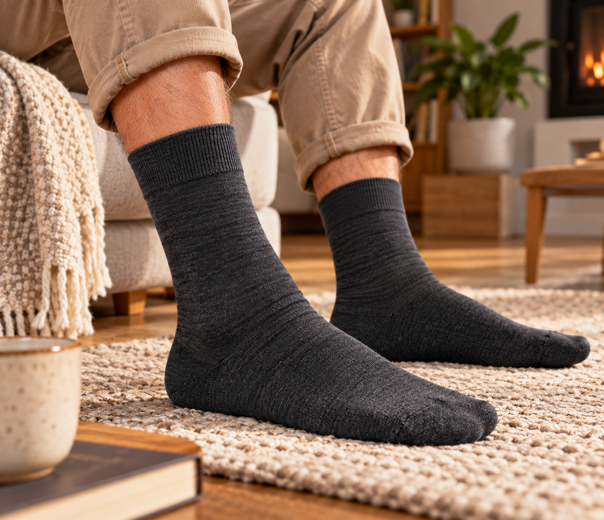Velvety Basic Socken in Anthrazit, getragen im Wohnzimmer