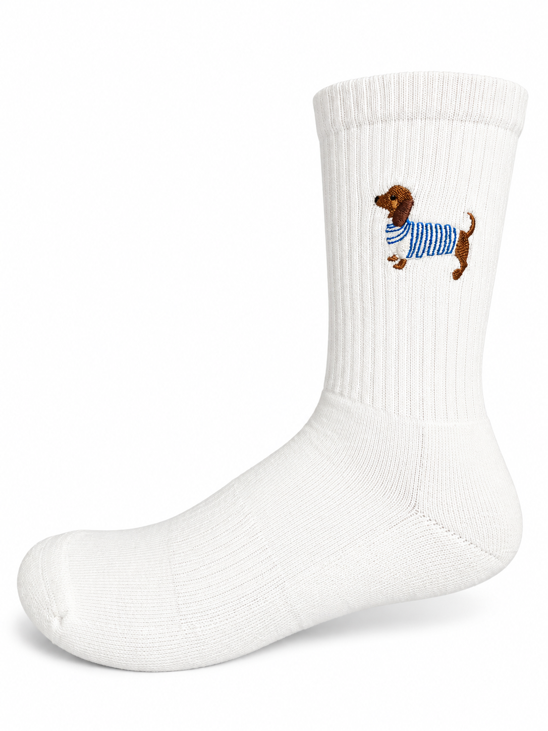 Dackel Blau Socken in Weiß mit blauer Dackel-Stickerei, einzelne Socke