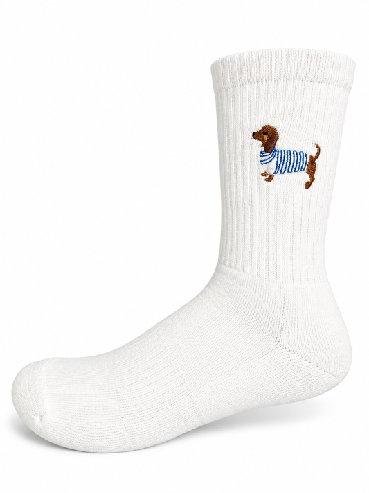 Dackel Blau Socken in Weiß mit blauer Dackel-Stickerei, einzelne Socke