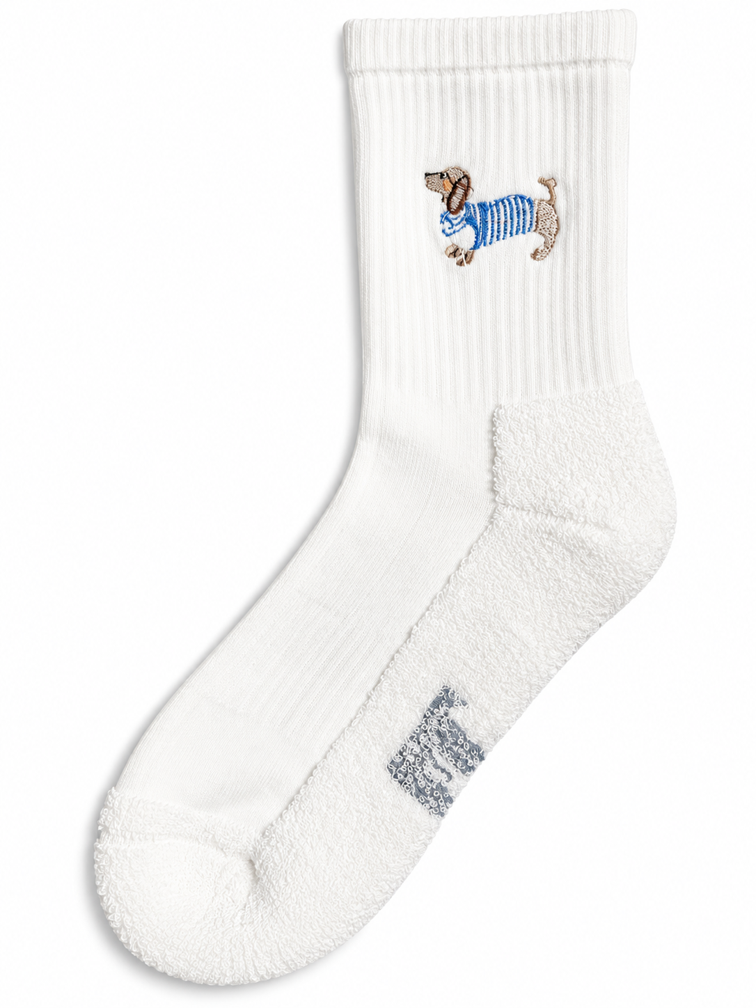 Dackel Blau Socken in Weiß, einzelne Socke von vorne
