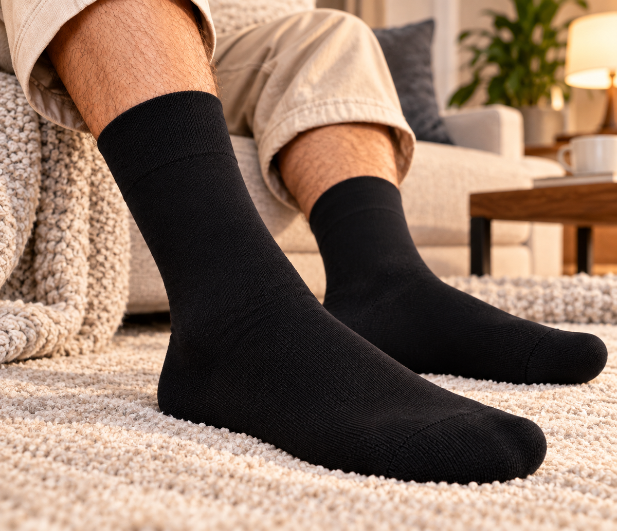 Velvety Basic Socken in Schwarz, getragen im Wohnzimmer