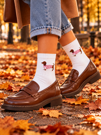Dackel Pink Socken bestickt – Bio-Baumwolle, gepolsterte Sohle-samtweiche Naht