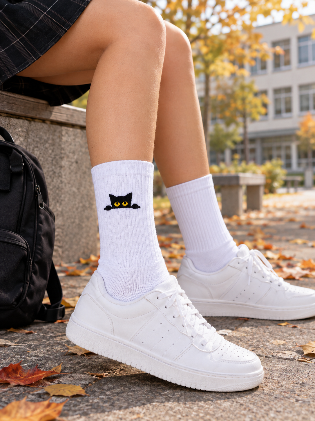 Katze Socken in Weiß, getragen zu weißen Sneakern im Freien