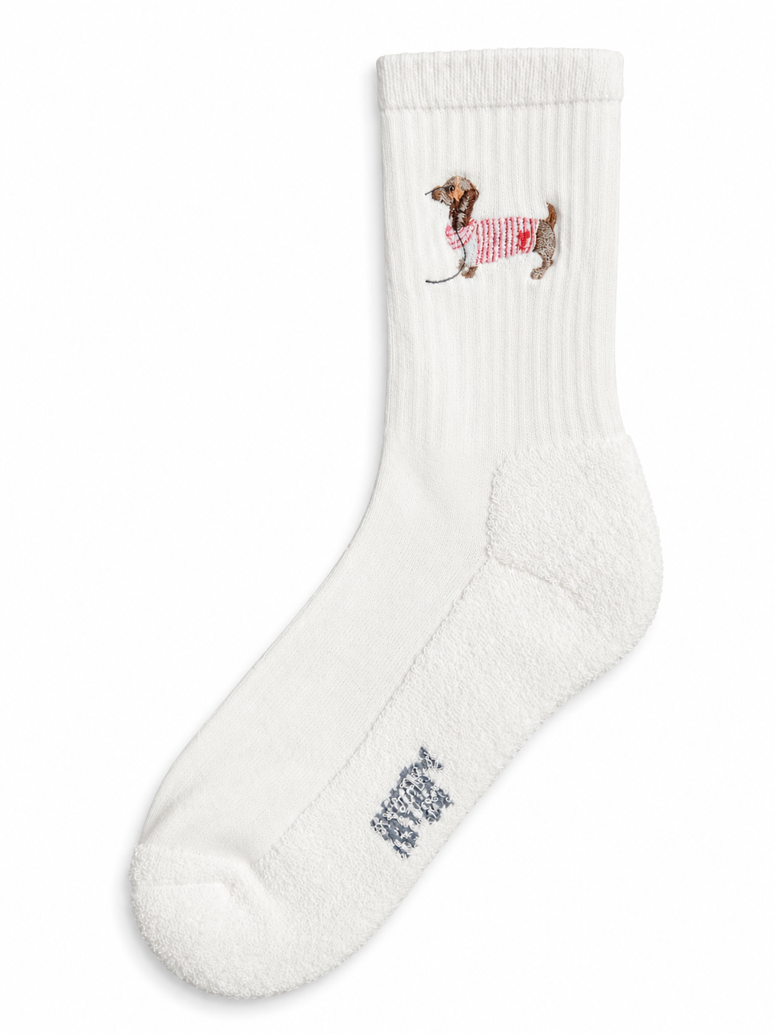 Dackel Pink Socken in Weiß, einzelne Socke von vorne