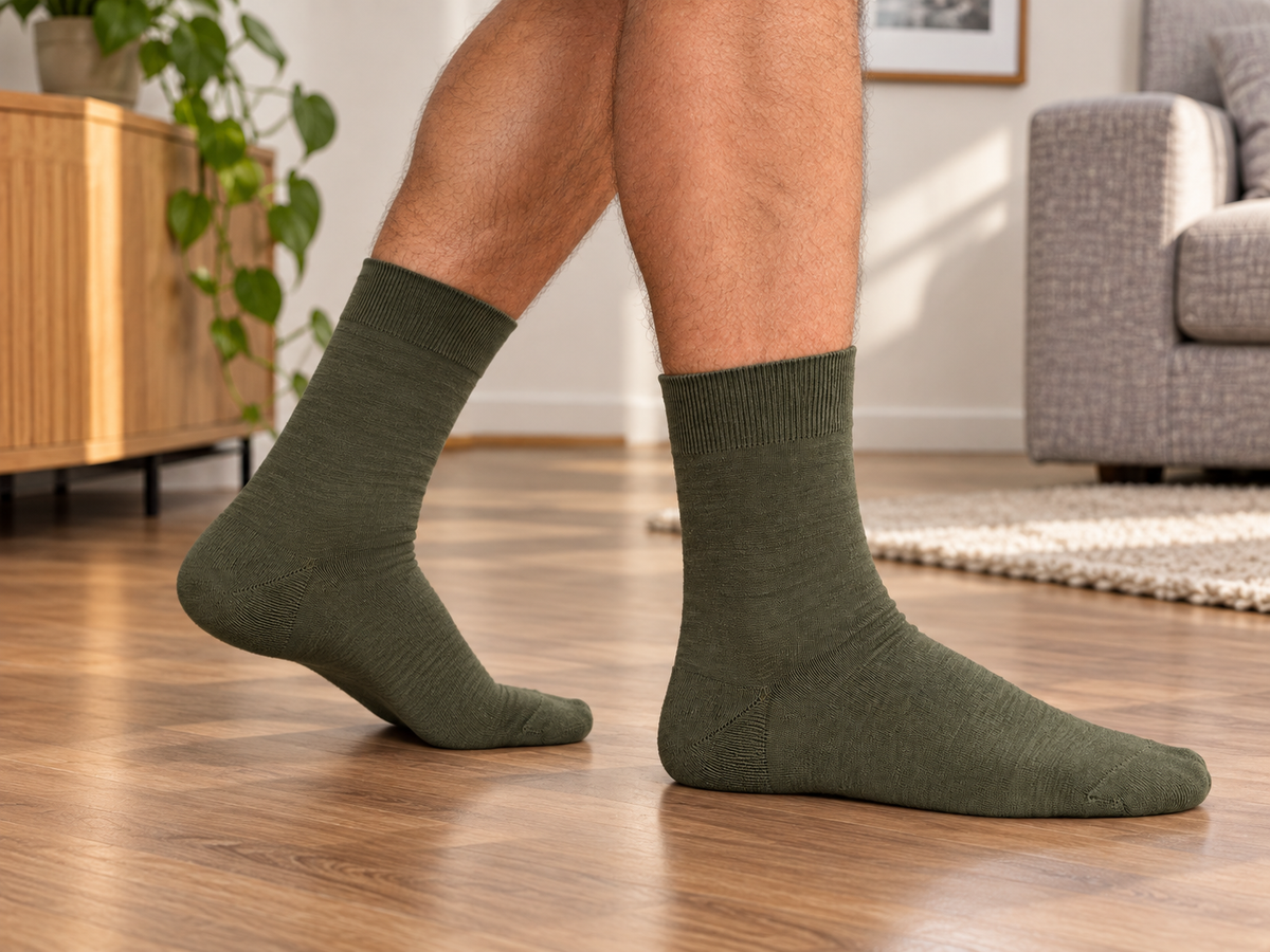 Velvety Basic Socken in Oliv, getragen im Wohnzimmer