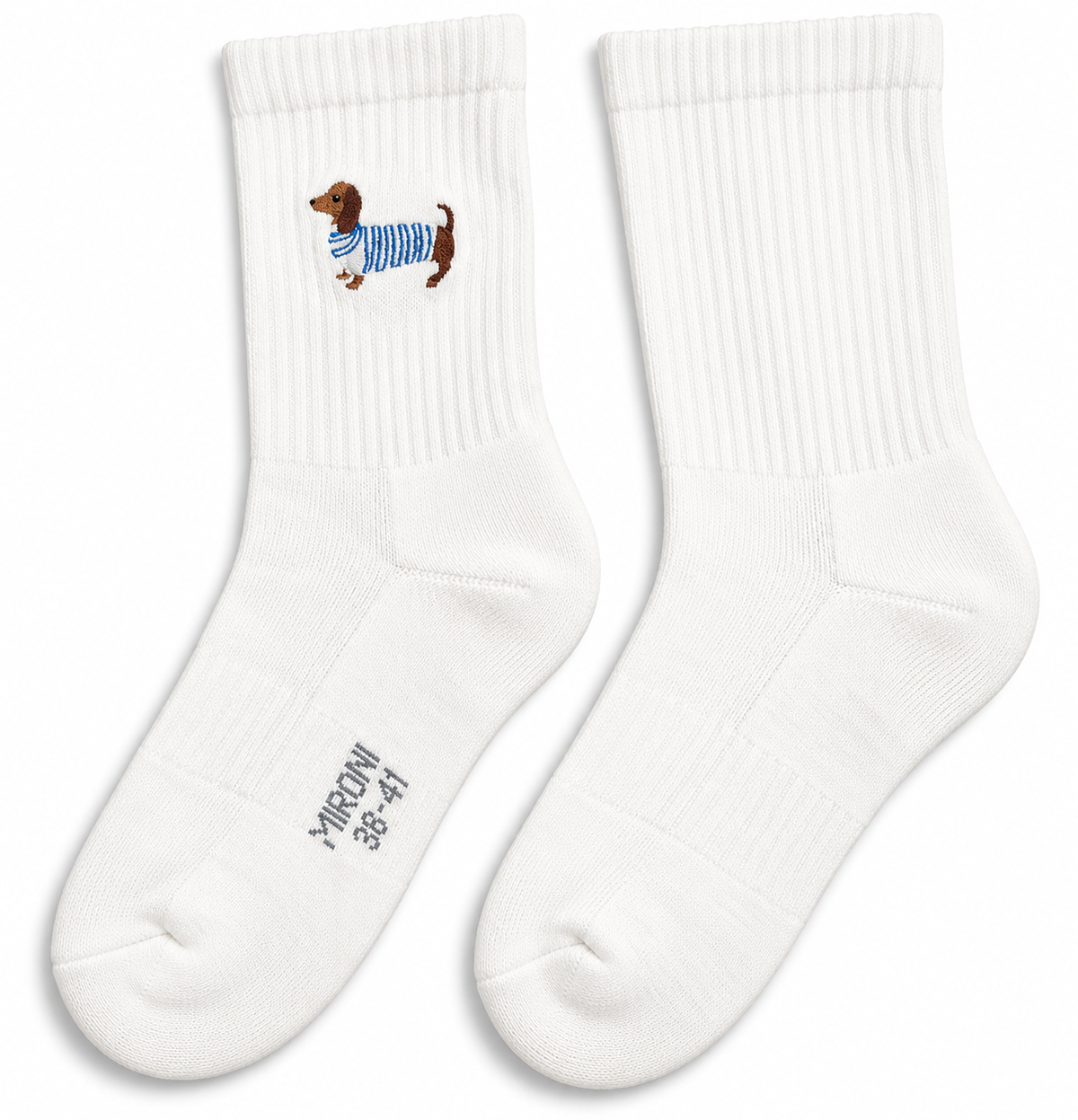 Dackel Blau Socken in Weiß, Paar nebeneinander