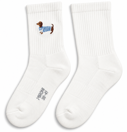 Dackel Blau Socken in Weiß, Paar nebeneinander